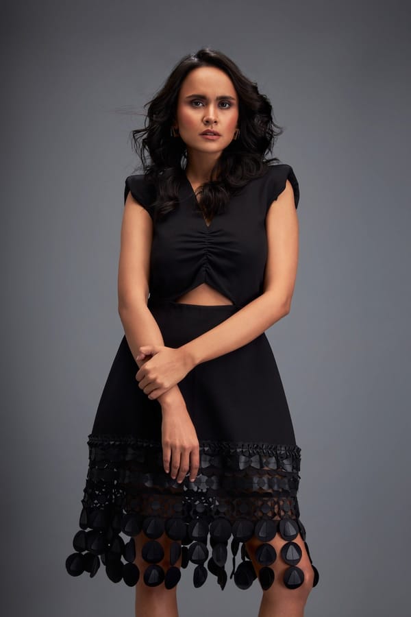 Black Drop Shoulder Dress with Flared Skirt — Deepika Arora