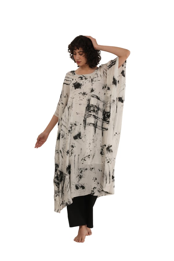 Black and White Abstract Silk Kaftan Co-ord Set — Khat