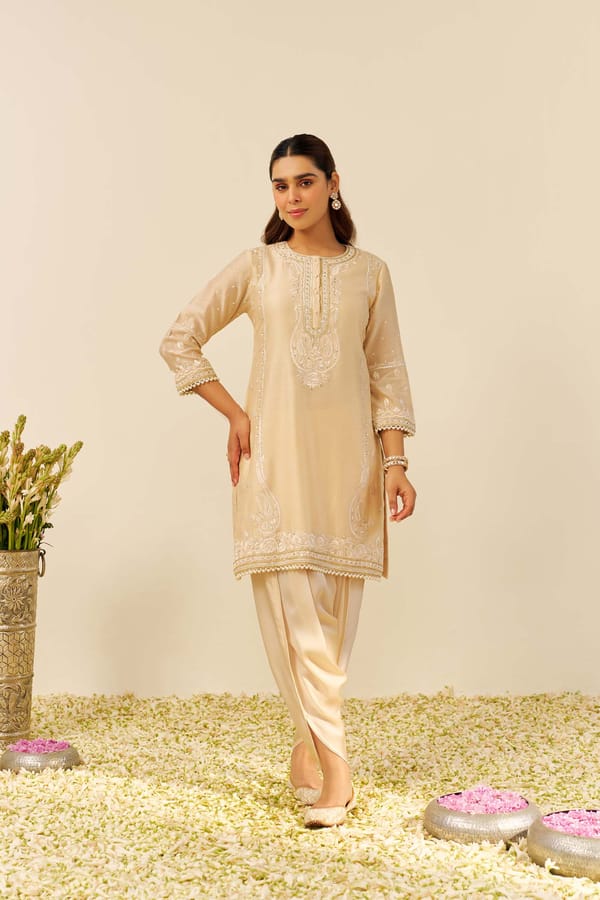 Beige Embroidered Kurta and Dhoti Set — Sheetal Batra
