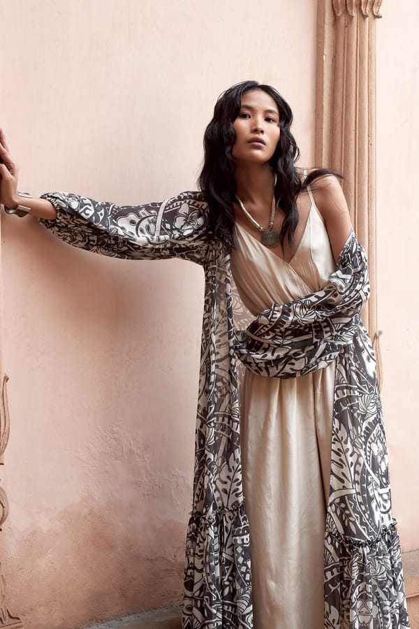 Champagne Jumpsuit with Abstract Printed Long Jacket — LABEL NAARITI