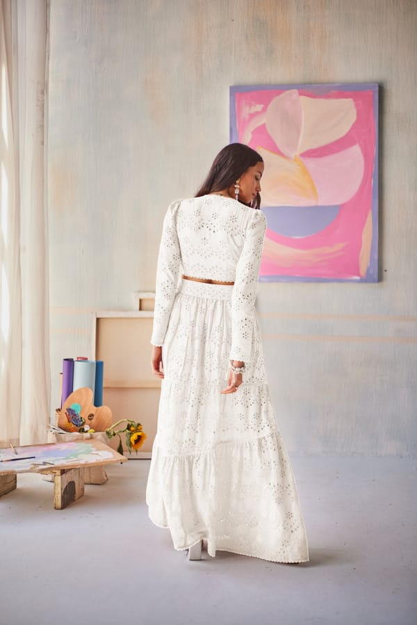 Off-White Cotton Schiffli Tie-Front Top and Maxi Skirt Set — Sage by Mala