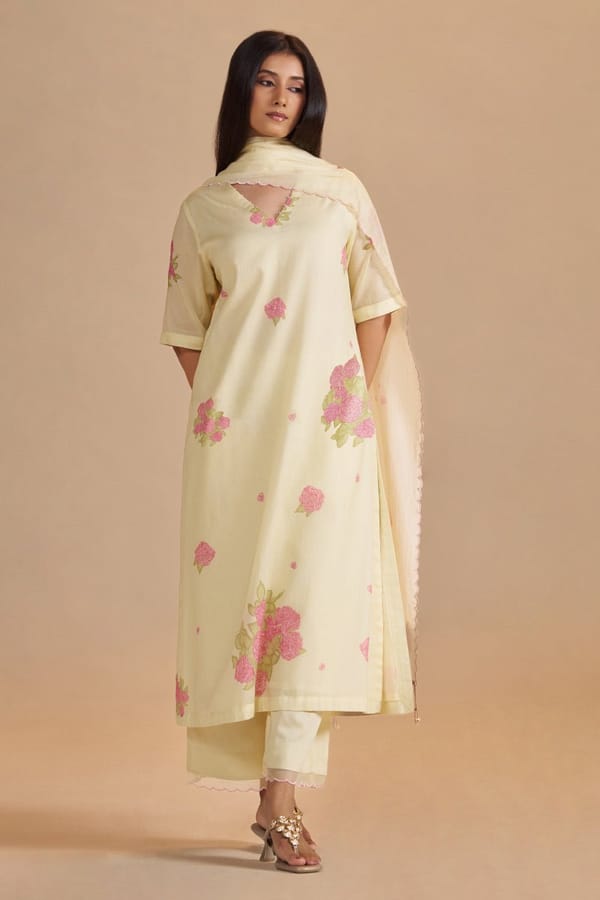 Butter Yellow Floral Printed Mul-Chanderi Kurta Set — Ganga Fashions Pvt Ltd