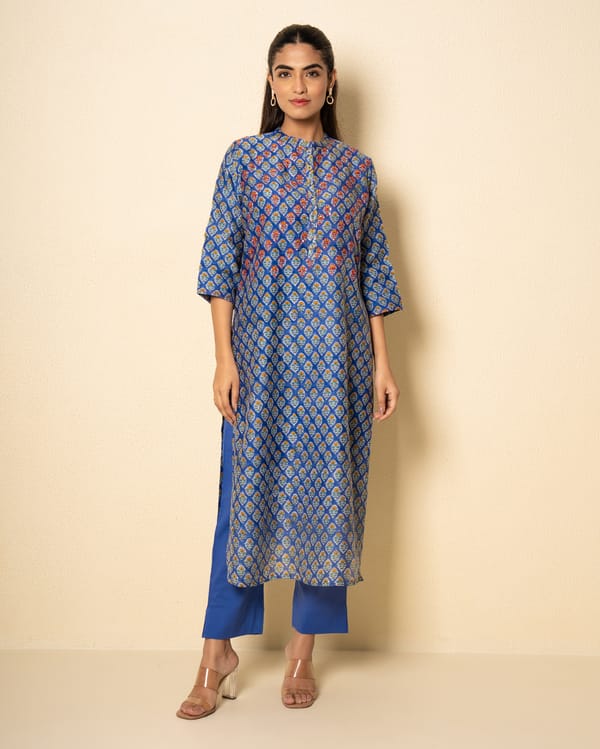 Cornflower Blue Chanderi Floral Block Print Kurta Set (Set of 2) — Kameez