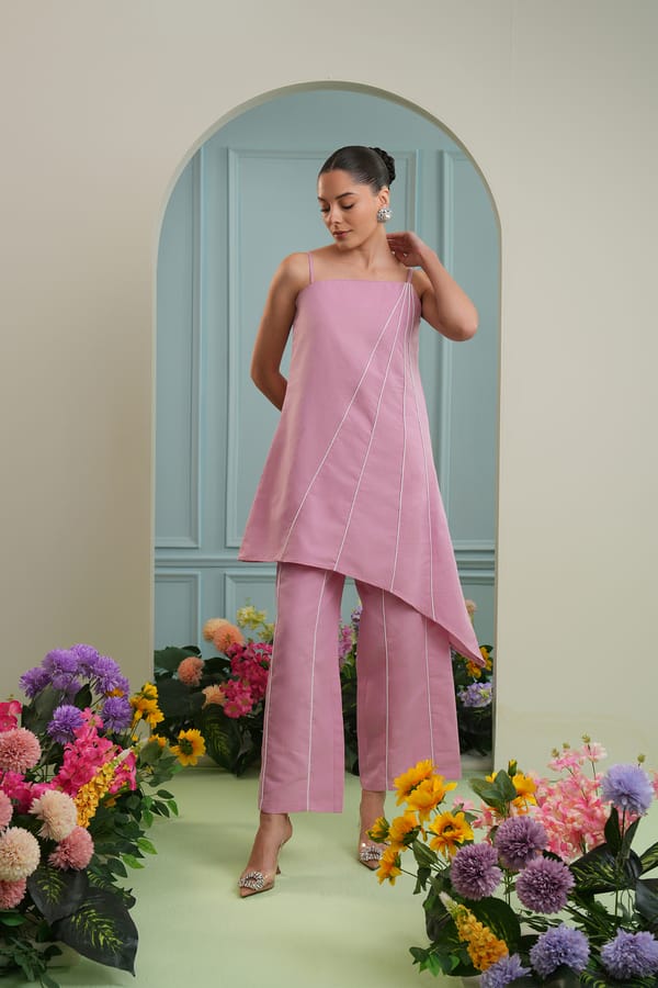 Pastel Pink High-Rise Wide-Leg Trousers with Piping — Chöjé