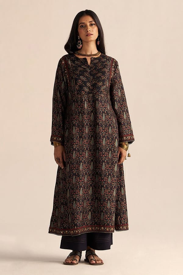Black Printed Silk Co-ord Set with Wide-Leg Palazzo — Ganga Fashions Pvt Ltd