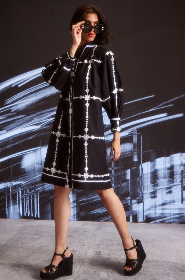 Black Embroidered Shirt Dress with Mandarin Collar — Dash and Dot