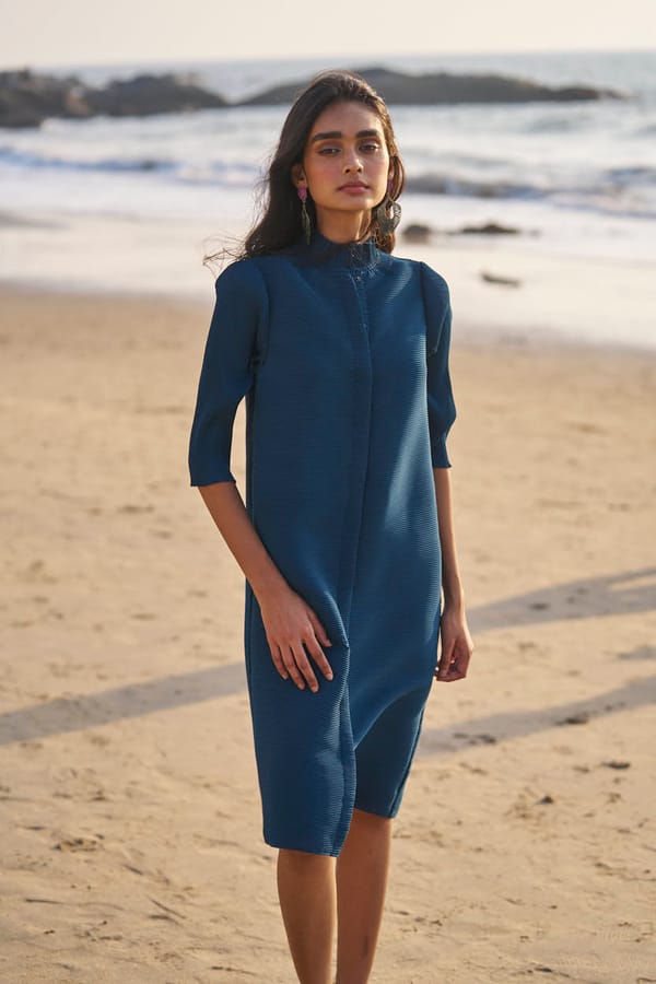 Teal Pleated A-Line Midi Shirt Dress with Band Collar — Dash and Dot