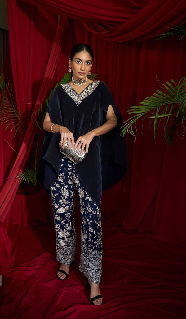 Navy Pleated Cape and Embroidered Straight Pants Co-ord Set — TASUVURE