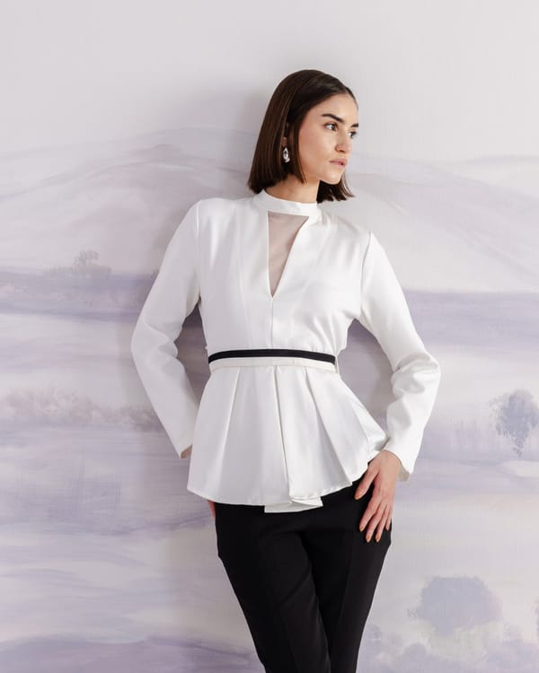 White Banana Crepe High Neck Peplum Top — Orthodox