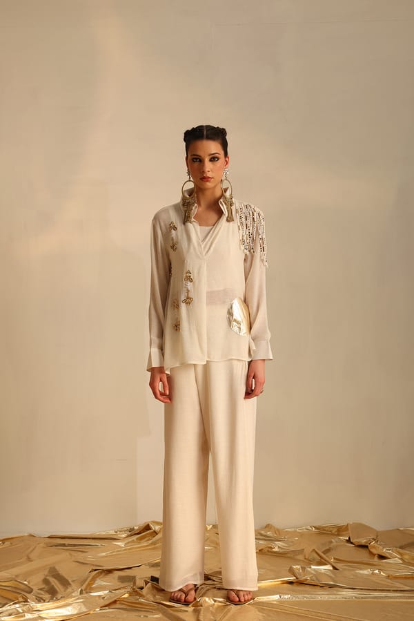 Off White Embellished Shirt and Palazzo Co-ord Set — EnEch