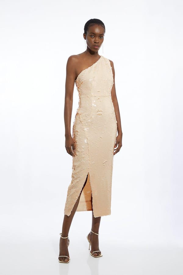 White One-Shoulder Sequin Midi Dress With Slit — KAREN MILLEN