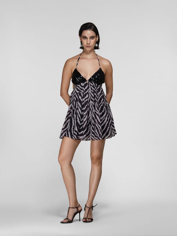 Black Sequin Bodice Zebra Print Mini Dress — The Clothing Factory