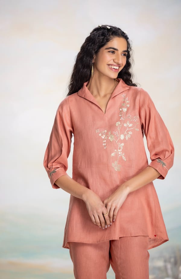Peach Linen Longline Embroidered Top with 3/4 Sleeves — Kaveri