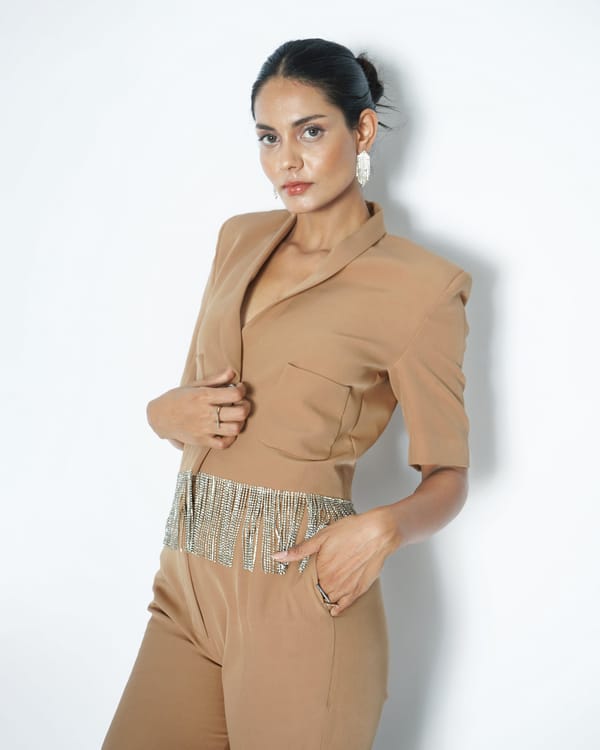 Beige Cropped Blazer with Rhinestone Chain Fringe — MAGIA