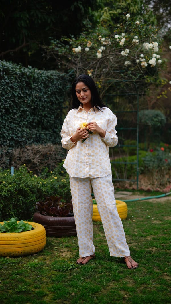 White and Yellow Polka Dot Linen Button-Down Shirt — Linen Bloom