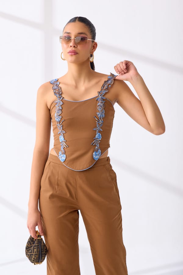 Tan Cotton Twill Embroidered Corset Top — Our Love