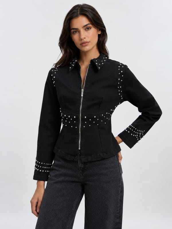 Black Studded Zip-Up Collared Jacket — KAREN MILLEN