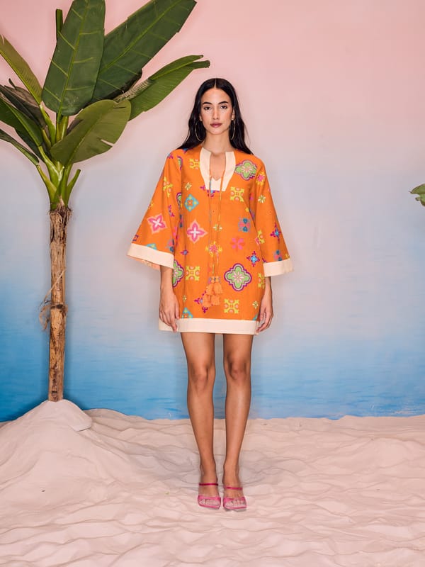 Orange Linen Printed Mini Kaftan Dress with Tie-Up Neck — GUAPA
