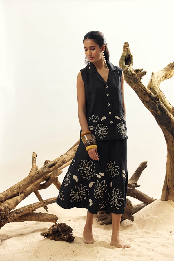 Black Linen Top and Midi Skirt Co-ord Set — Linen Bloom