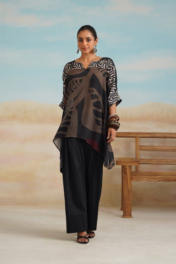 Black Abstract Printed Co-ord Set with V-Neck Top — NEETIKA CHOPRA