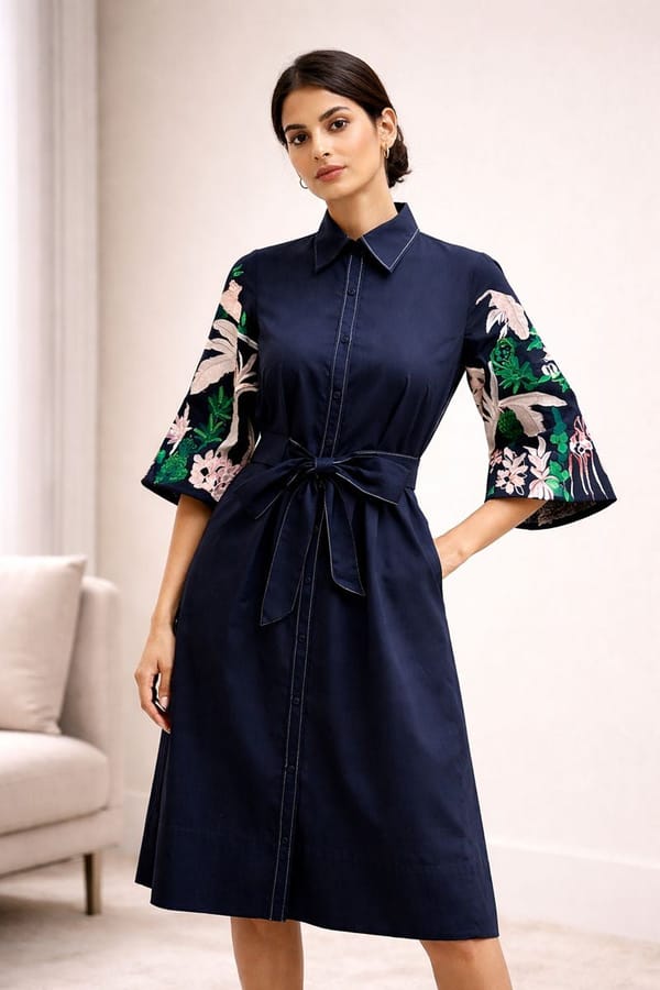 Black Cotton Satin Belted Midi Shirt Dress — Our Love