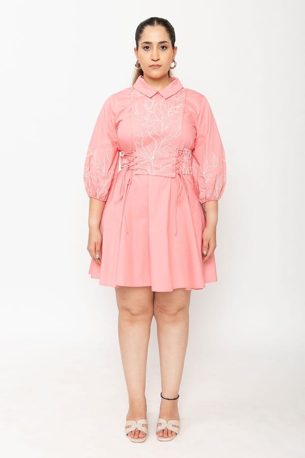 Pink Embroidered Fit and Flare Mini Shirt Dress — Contemponari