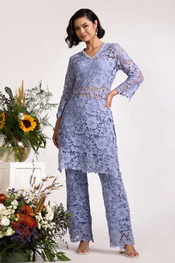 Ice Blue Wide-Leg Lace Trousers — AVERIE