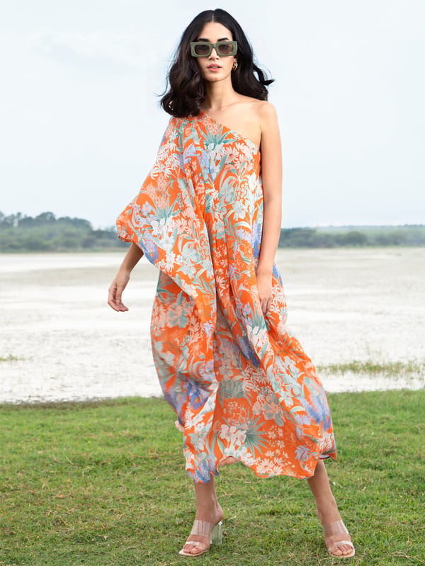 Orange One-Shoulder Floral Kaftan Midi Dress — Houseofsoi