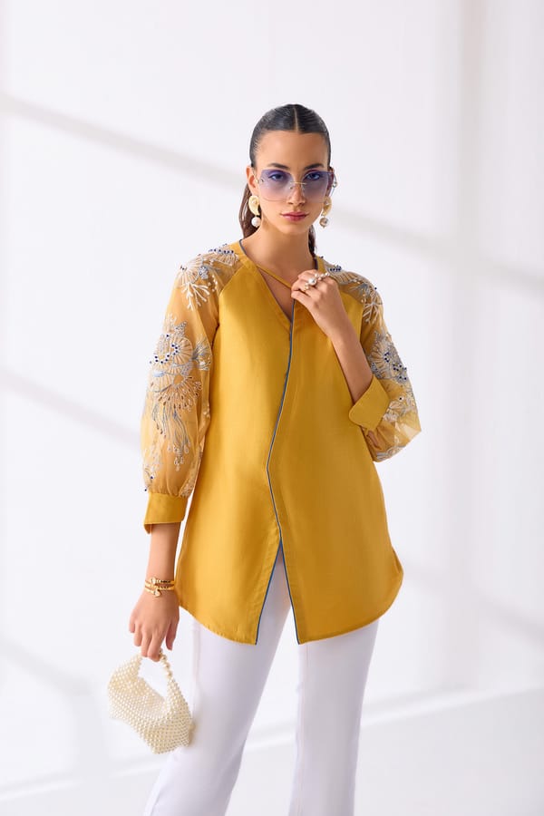 Ochre Tunic Top with Embroidered Sheer Statement Sleeves — Our Love