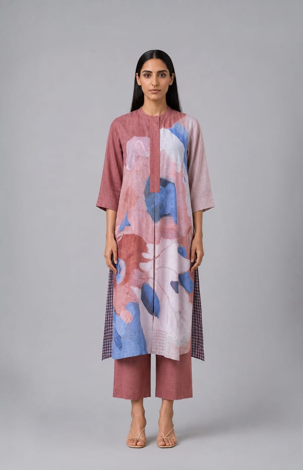Rust Abstract Print Korean Linen Kurta Set — CLOS
