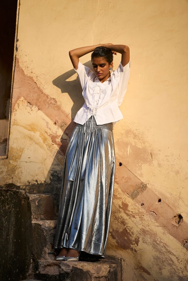 Silver Metallic High-Waist Smocked Maxi Skirt — Dash and Dot