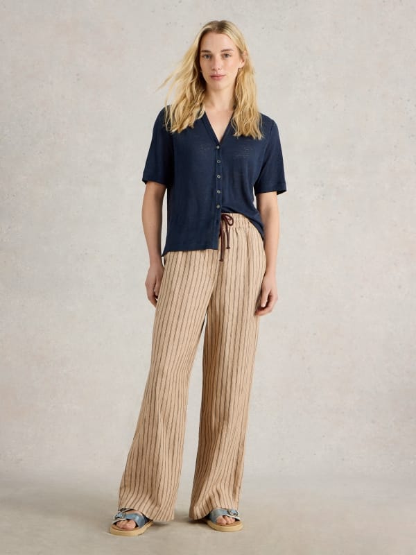 Natural Multi Linen Pinstripe Wide-Leg Trousers — White Stuff