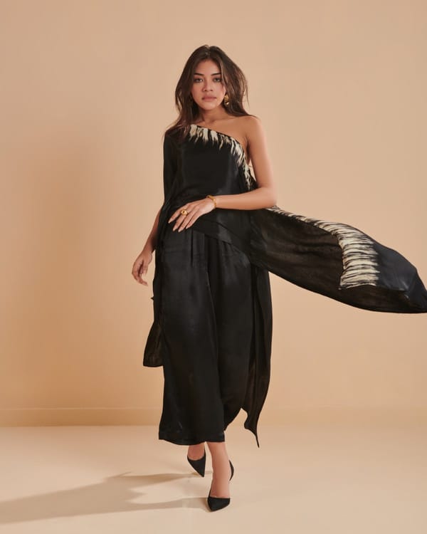 Black One-Shoulder Draped Co-ord Set with Wide-Leg Pants — DORABI