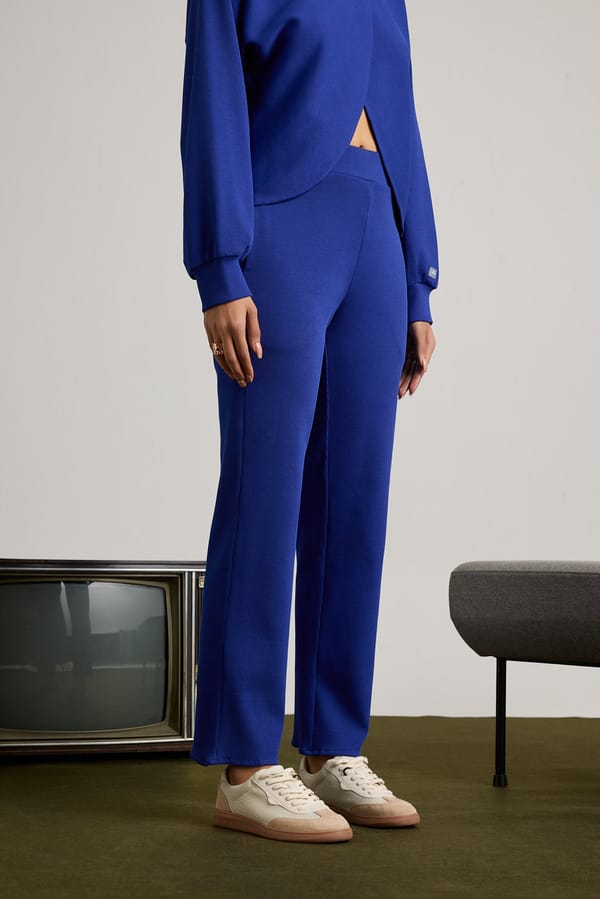 Blue Ribbed Straight-Leg High-Rise Trousers — Muvazo