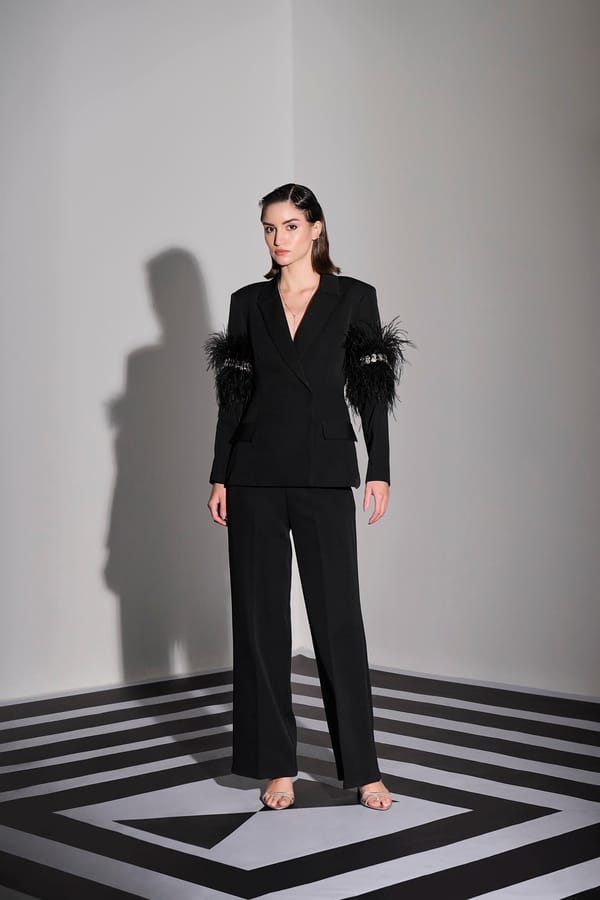 Black Feather Sleeve Blazer and Wide-Leg Pants Co-ord Set — Label IRIS