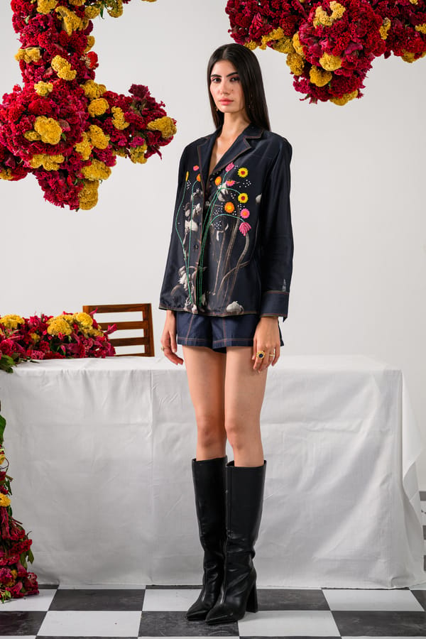 Black Silk Satin Shorts with Multicolor Stitch Detail — The Dramebaaz Company