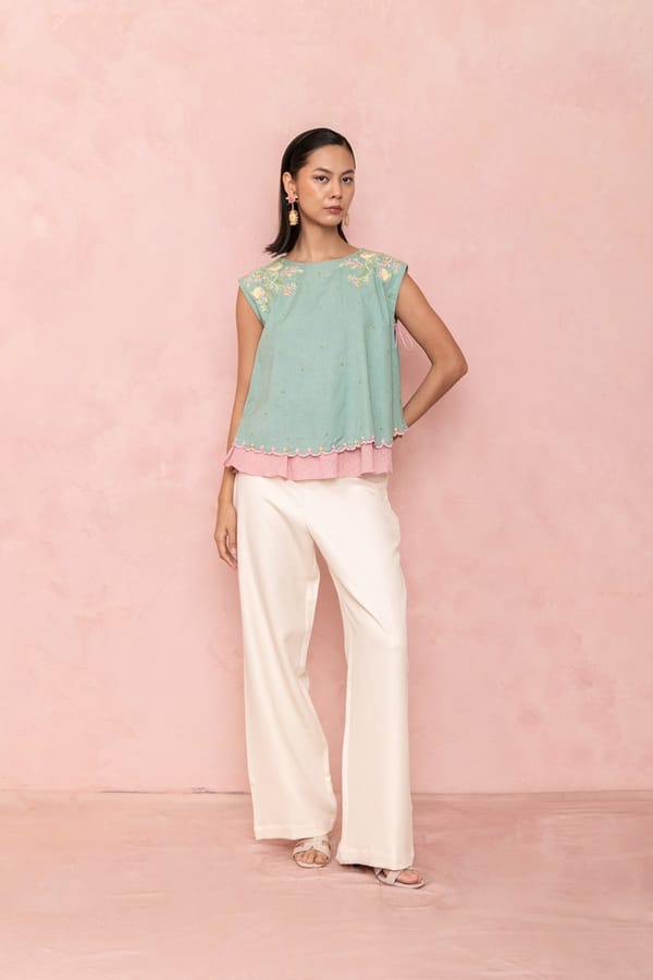 Sea Green Sleeveless Embroidered Layered Hem Tunic — LABEL NAARITI