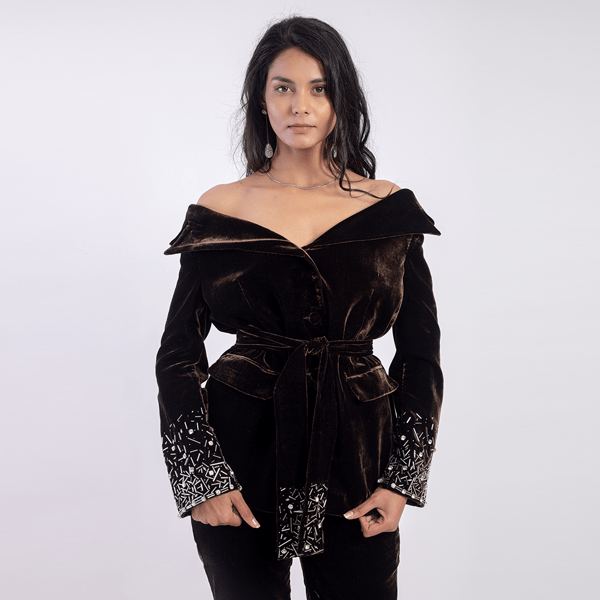 Coffee Velvet Off-Shoulder Embellished Blazer with Belt — MAGIA
