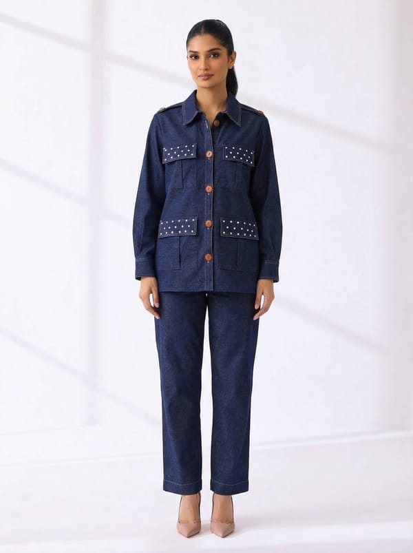 Blue Denim Shirt-Jacket and Wide-Leg Pants Co-ord Set — BUMBLEBEE