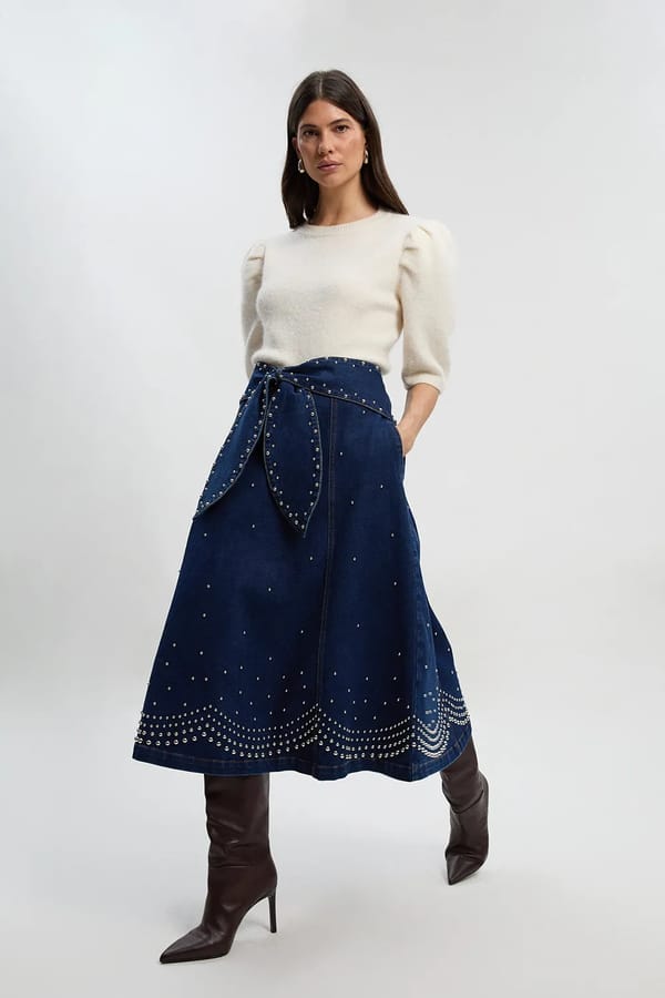 Dark Blue Studded A-Line Midi Skirt with Tie Waist — KAREN MILLEN