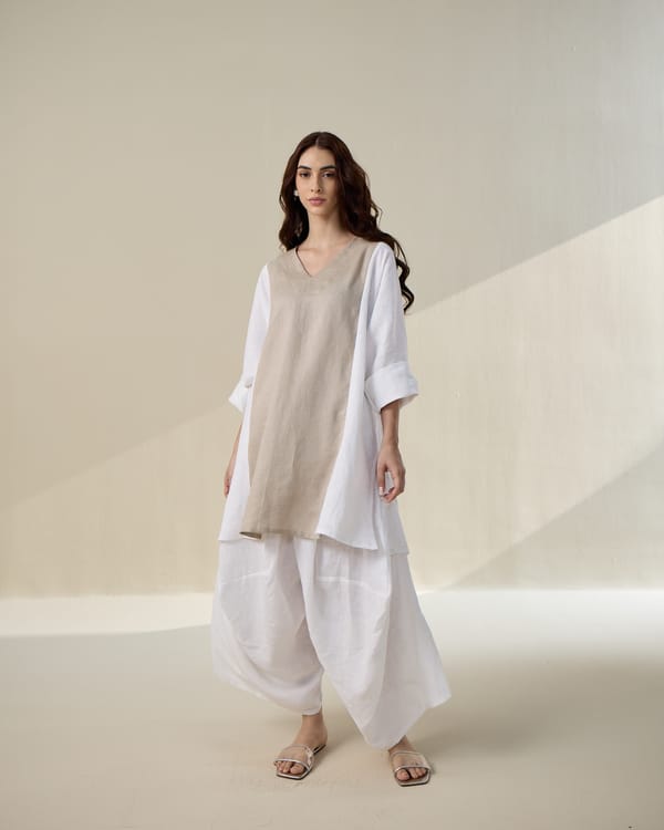 White and Taupe Linen Colorblock Kurta Set — AUR