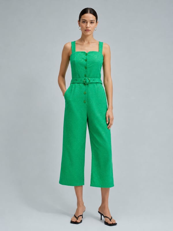 Medium Green Embroidered Belted Cropped Jumpsuit — SALSA JEANS