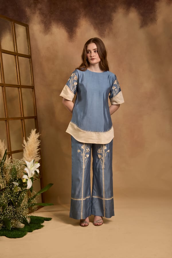 Blue and Cream Colorblocked Embroidered Co-ord Set — An'era by Asmita Verma