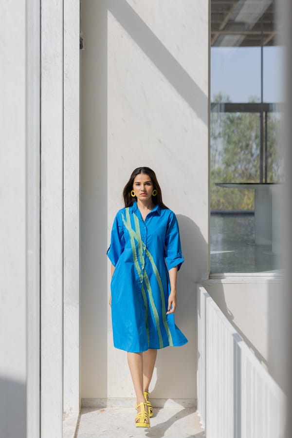 Blue Cotton Poplin Shirt Dress with Contrast Panels — Silai studio