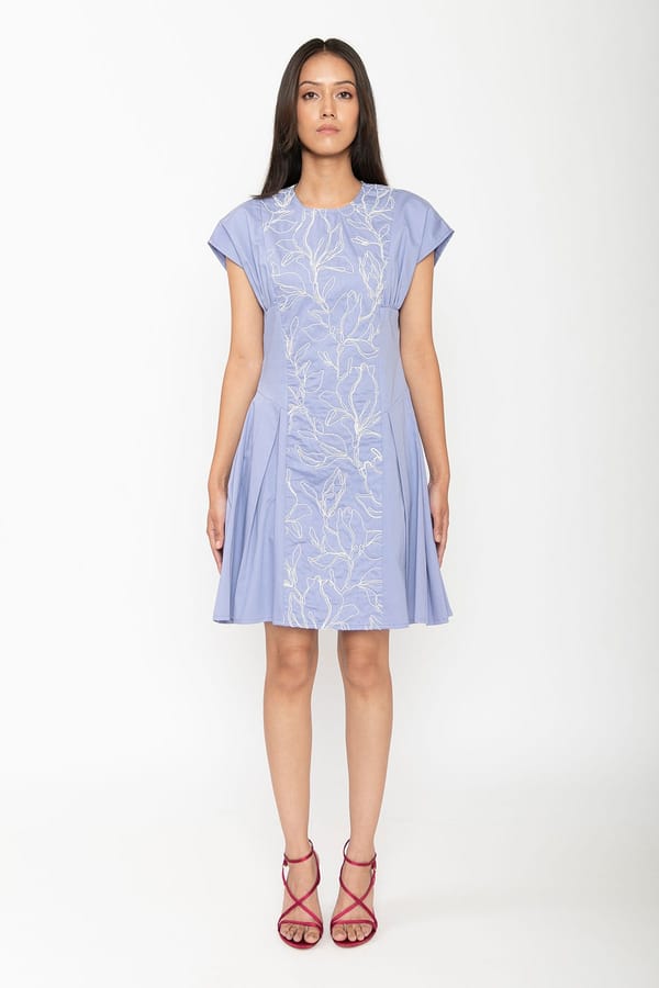 Blue Cotton Satin Embroidered Fit and Flare Mini Dress — Contemponari