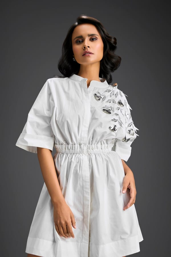 White Cotton Mini Shirt Dress with Statement Shoulder — Deepika Arora