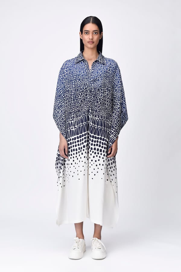 Blue Black Modal Oversized Midi Shirt Dress with Degrade Print — Genes Lecoanet Hemant