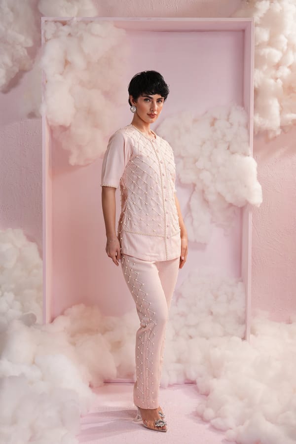 Baby Pink Pearl Lattice Shirt and Trousers Co-ord Set — Simar Tuli