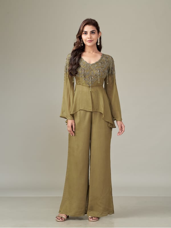 Olive Gold Chiffon Embroidered Co-ord Set — QUNIC