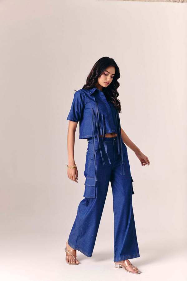 Light Blue Denim Fringe Crop Shirt and Cargo Pants Co-ord — Savaaya